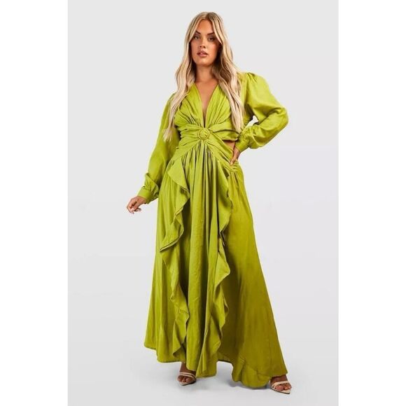 Plus Size Linen Look Olive Cut Out Ruffle Maxi Dress US 20 Long Sleeve Boho - Picture 4 of 16